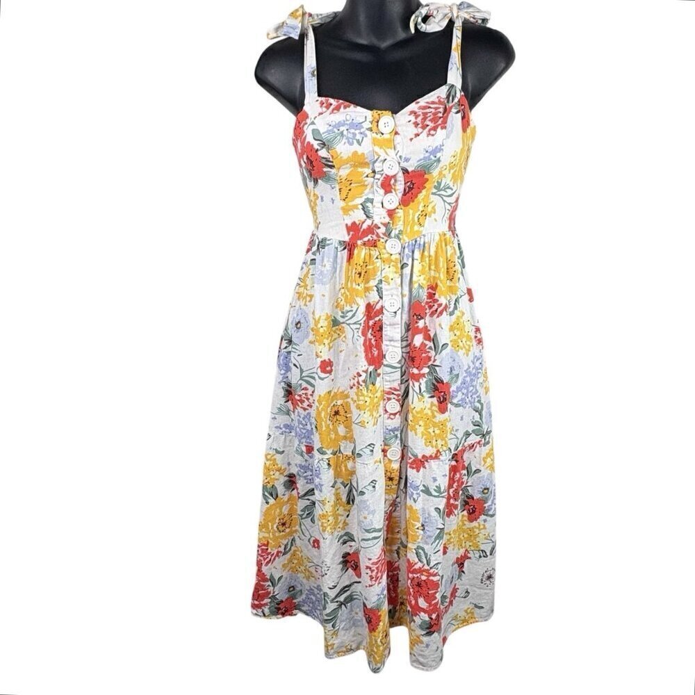 Urban Outfitters Positano Floral Linen Blend Tie-Shoulder Midi Dress Women’s XS